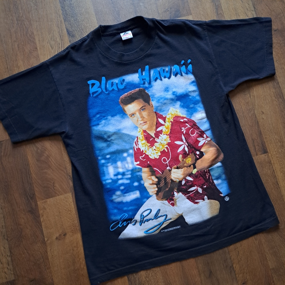 Vintage Elvis Blue Hawaii t-shirt, men's size Large, 1998, black blue red, EUC - Picture 11 of 17